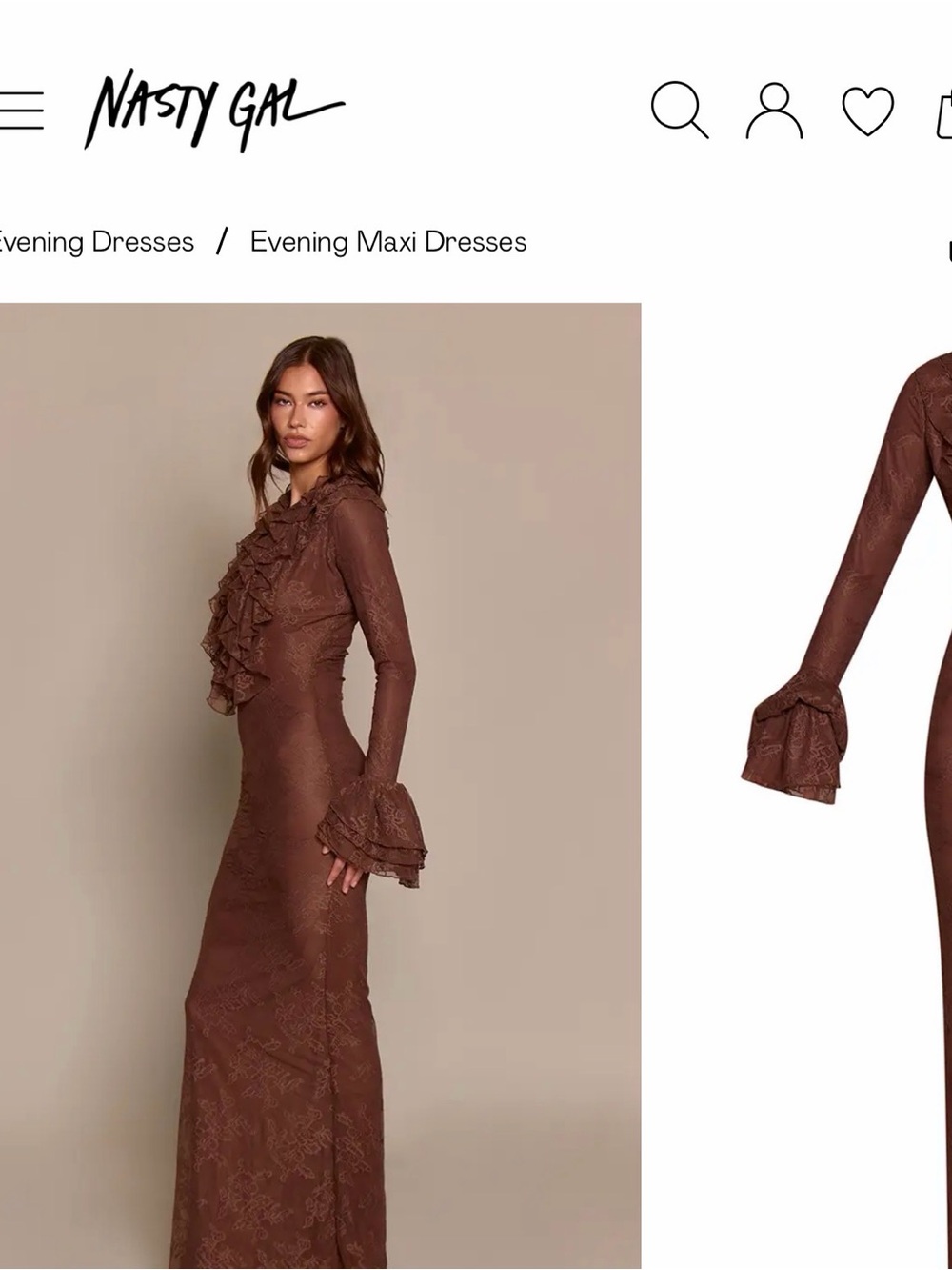 Nasty Gal Chocolate Brown Ruffle-Front Lace Maxi Dress